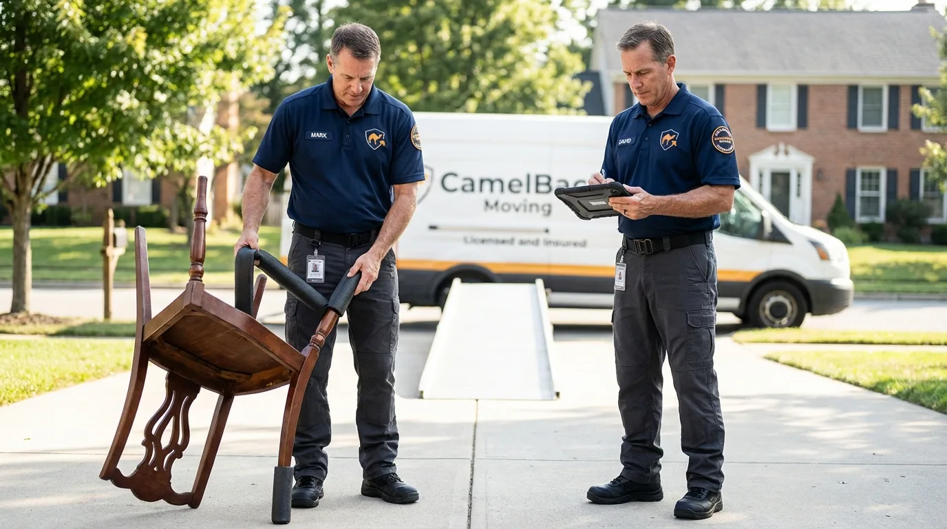 Movers inspecting furniture for damage prevention before loading in Yacolt, WA
