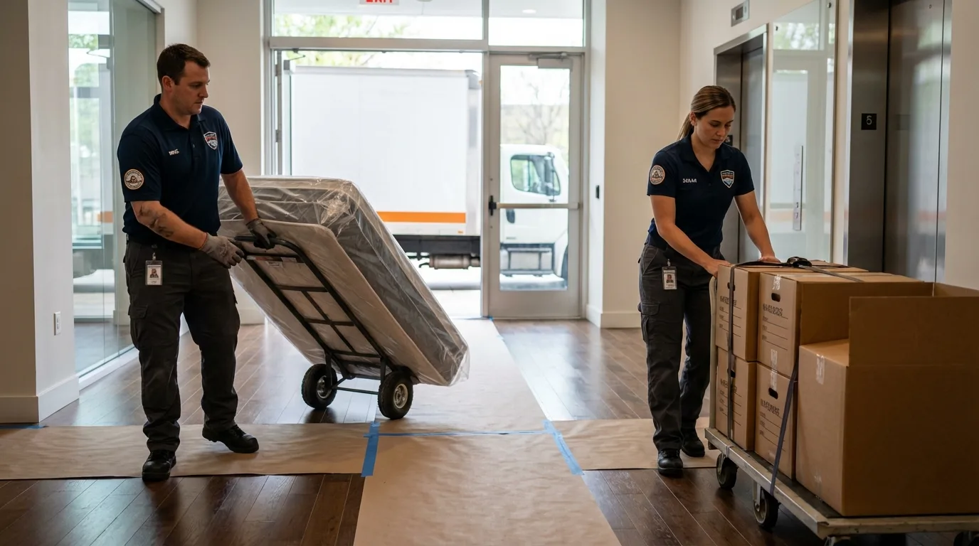 Professional apartment movers loading elevator in Yacolt, WA