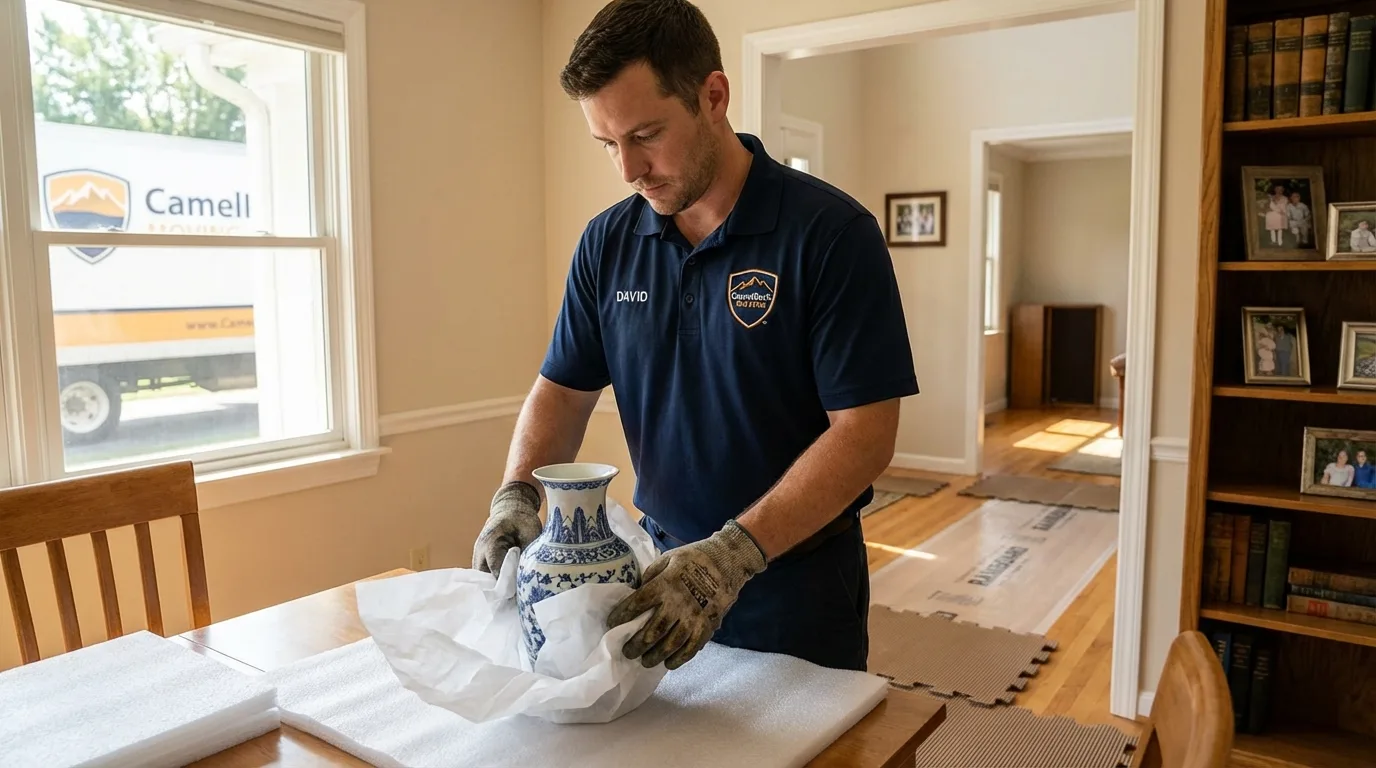 Professional crew carefully wrapping antique vase for senior downsizing move in Yacolt, WA